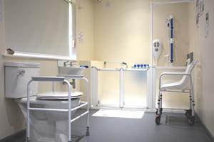 inside a bathroom with supportive equipment to assist the less able-bodied