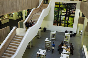 elevated view of the stairs and ground floor of the hive library