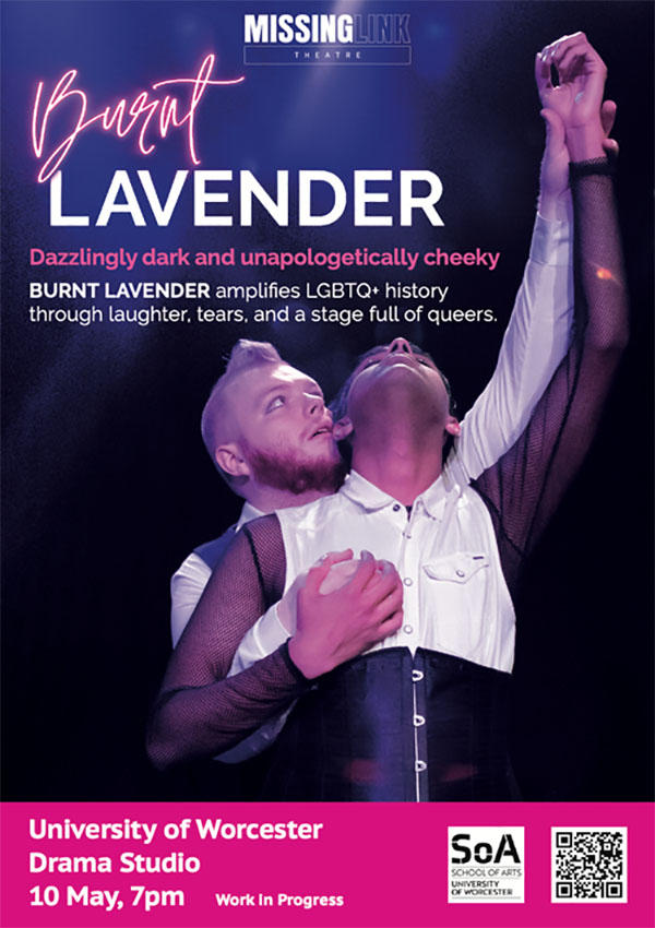 a leaflet for the play 'Burnt Lavender.' The leaflet shows two characters embracing on stage.