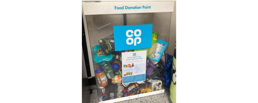 A picture of the food bank collection container in the Hines building on St John's Campus