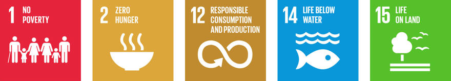 The SDG logos for 1.No Poverty 2. Zero Hunger 12.Responsible Consumption and Production 14. Life Below Water 15.Life and on Land