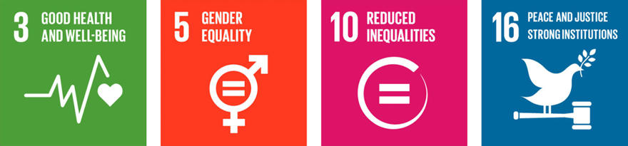 The SDG logos for 3. Good Health and Wellbeing 5. Gender Equality 10. Reduced Inequalities and 16. Peace Justice and 16. Strong Institutions